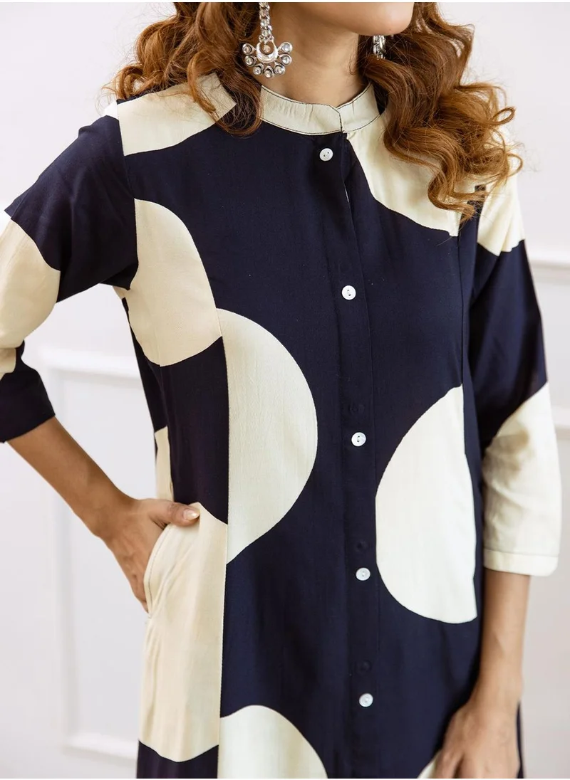 آي شين Women's Navy Rayon Embellished Button Down Full Length Palazzo Straight Fit Kurta Set