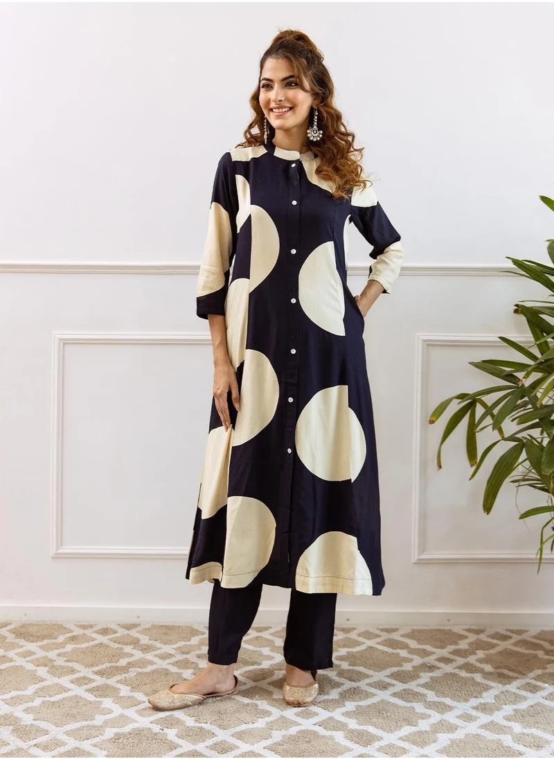 آي شين Women's Navy Rayon Embellished Button Down Full Length Palazzo Straight Fit Kurta Set