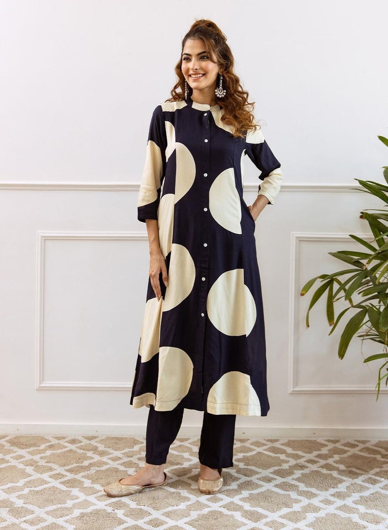 ISHIN Women's Navy Rayon Embellished Button Down Full Length Palazzo Straight Fit Kurta Set  - Image 5