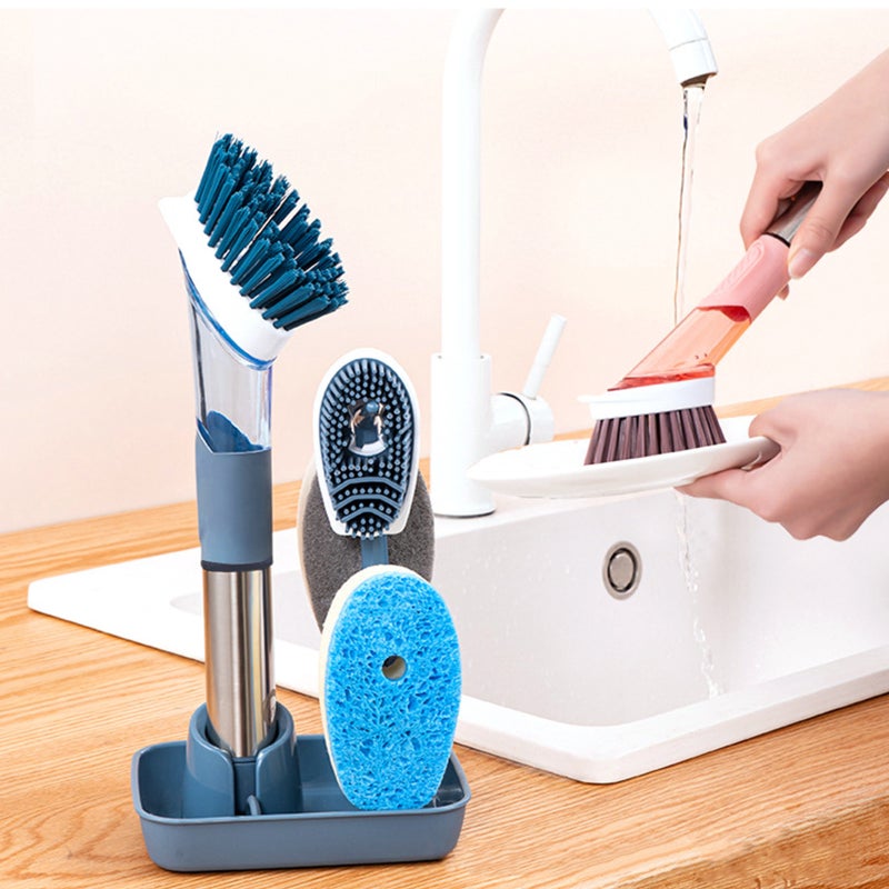 Soap Dispensing Brush Kitchen Brush with Stand 3 Brush Dish Brush with Soap Dispenser for Pot Pan Dishes Sink Bathroom Cleaning - Image 3