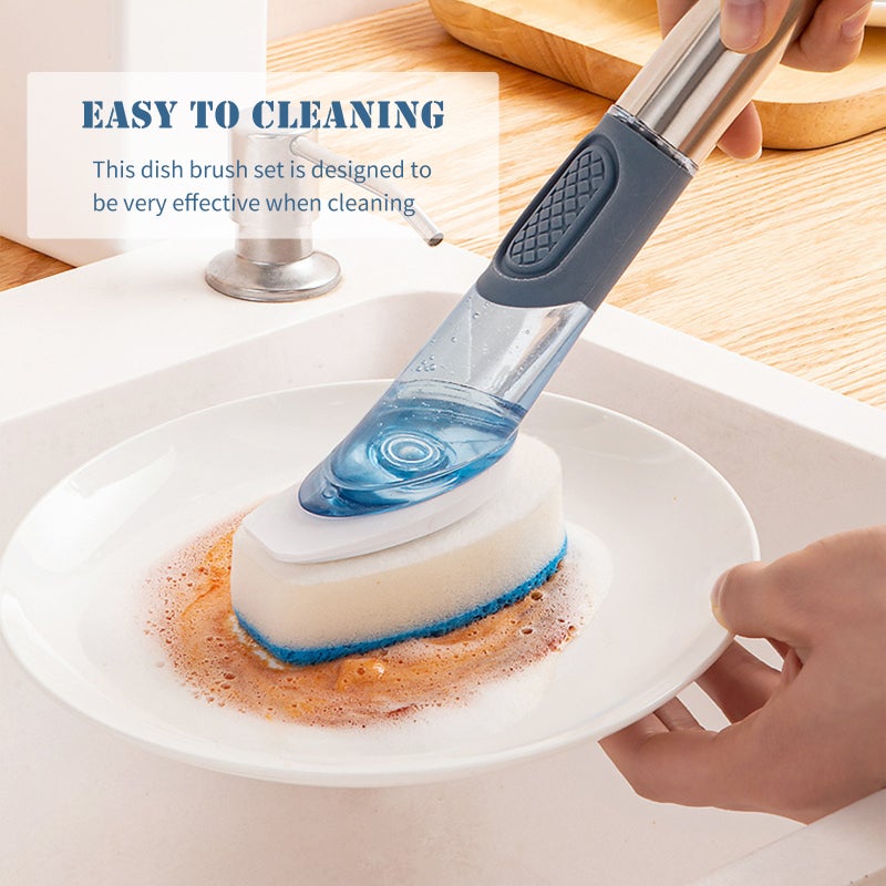 Soap Dispensing Brush Kitchen Brush with Stand 3 Brush Dish Brush with Soap Dispenser for Pot Pan Dishes Sink Bathroom Cleaning - Image 5
