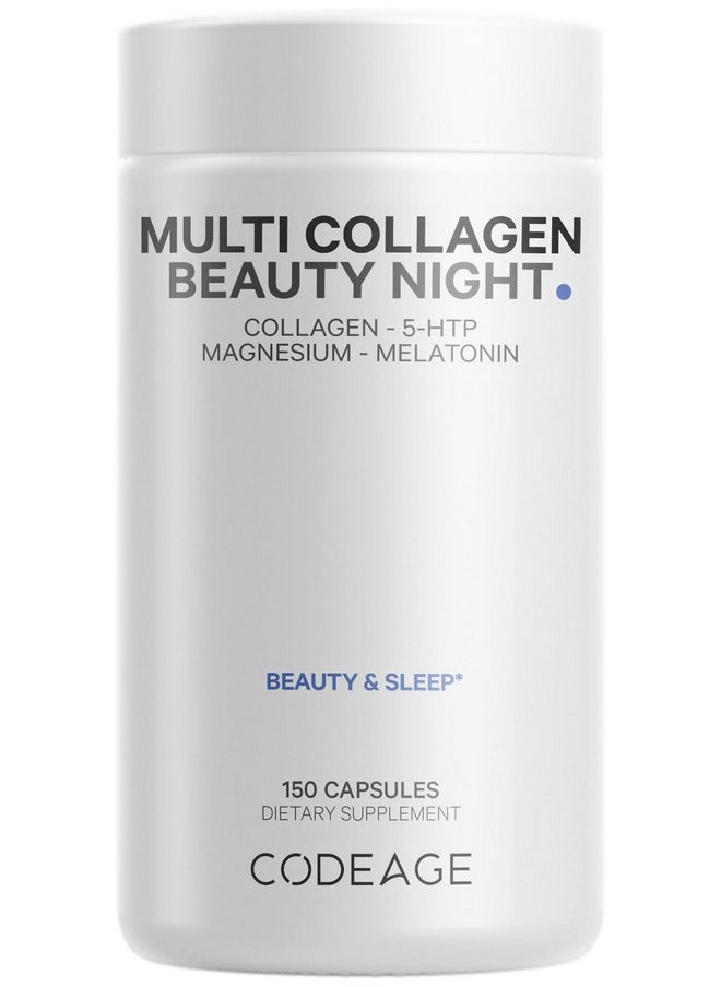 Codeage - Codeage Multi Collagen Protein Beauty Night - Melatonin, Magnesium Bisglycinate, 5-HTP, L-Theanine, English Lavender Flower, Bone Broth - Vitamins - Supplement - Sleep Pills - Non-GMO - 150 Capsules - Image 1