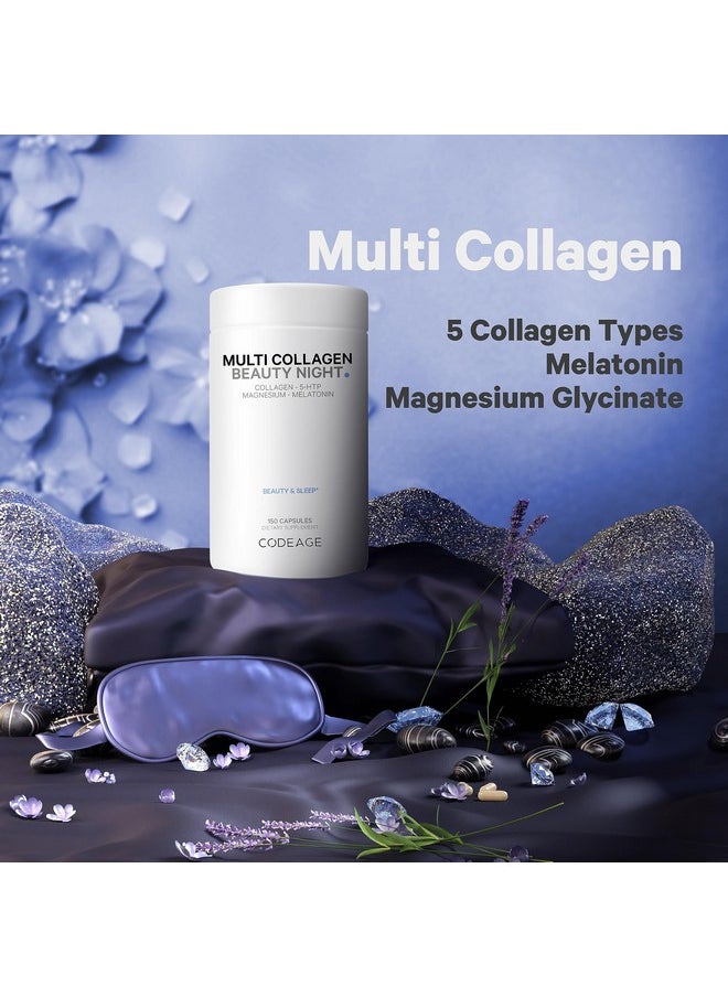 Codeage - Codeage Multi Collagen Protein Beauty Night - Melatonin, Magnesium Bisglycinate, 5-HTP, L-Theanine, English Lavender Flower, Bone Broth - Vitamins - Supplement - Sleep Pills - Non-GMO - 150 Capsules - Image 1