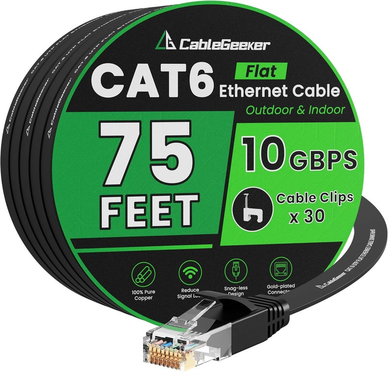 CableGeeker Cat 6 Ethernet Cable 75 ft (at a Cat5e Price but Higher Bandwidth) Flat Internet Network Cable Support 1Gbps 250 Mhz - Black Computer LAN Cable + Free Clips and Straps for Router Xbox Modem - Image 1