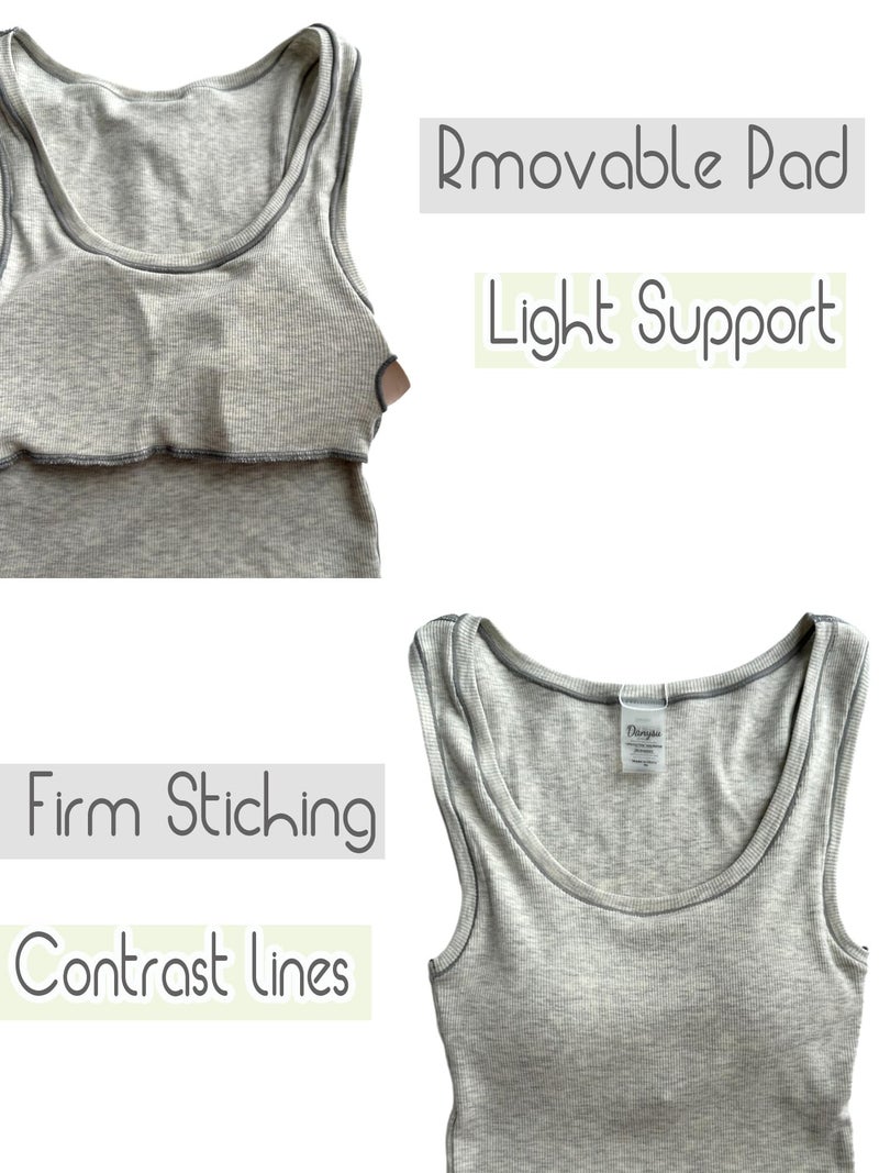 Danysu Women Cotton Rib Tank Top with Built in Bra Square Neck Crop Tank Fitted Basic Tops Heather White L - Image 3