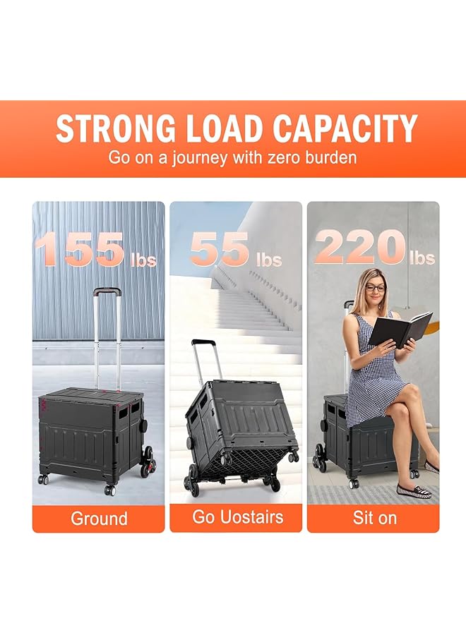 إيروريكس عربة تسوق قابلة للطي متعددة الوظائف مع غطاء وعجلات سلم وعربة يد مناسبة للتسوق والتخييم والنزهات ونقل الأدوات والفواكه وسلال التخزين. أسود - Image 4