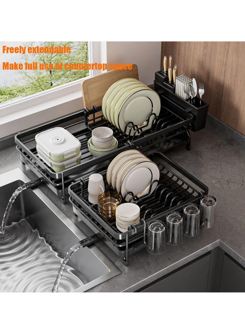 Anmi Dish Drying Rack, Dish Rack with Drainboard, Kitchen Dish Drying Rack with Rotatable Swivel Spout and Utensil Holder, Carbon Steel Expandable Dish Drainer - Image 3