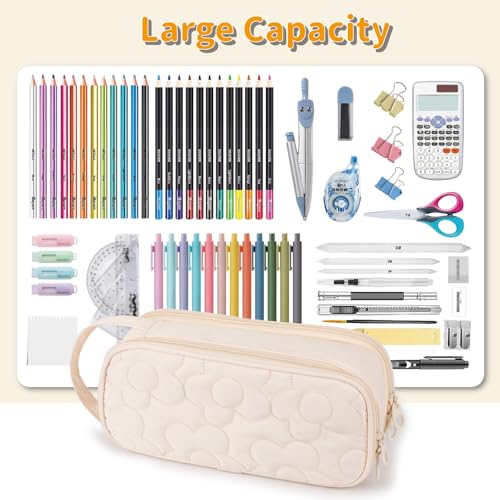Bunnychill Pencil Case For Girls,Flower Quilted Large Capacity Pencil Pouch With 2 Compartment, Zipper Pencil Bag With Handle, Women Soft Pencil Box For Middle School Office College - Image 3