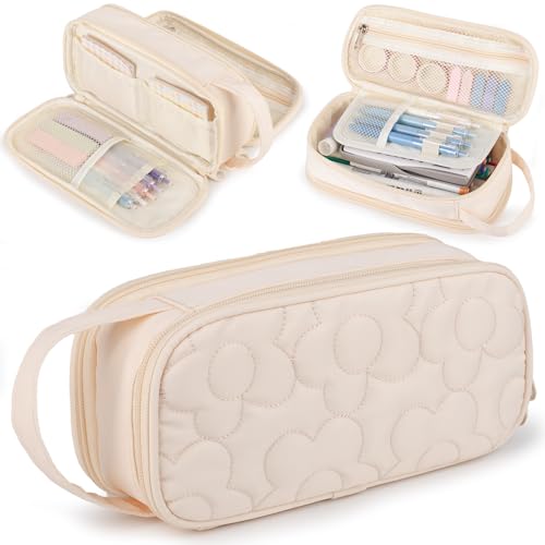 Bunnychill Pencil Case For Girls,Flower Quilted Large Capacity Pencil Pouch With 2 Compartment, Zipper Pencil Bag With Handle, Women Soft Pencil Box For Middle School Office College - Image 1