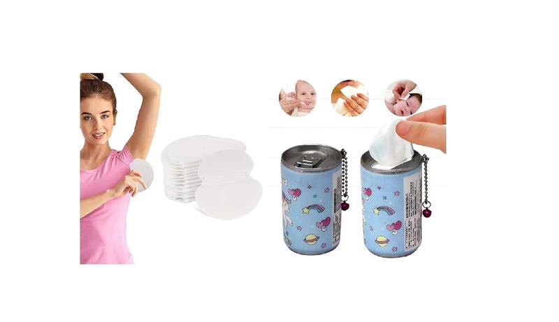 MFH 30Pieces in one can Mini Wet Wipes Tissue in Cartoon Printed Tin Can RANDOM DESIGNE AND 10PC Anti Smell Disposable Underarm Perspiration Pad for Men and Women PACK OF 2 COMBO - Image 1