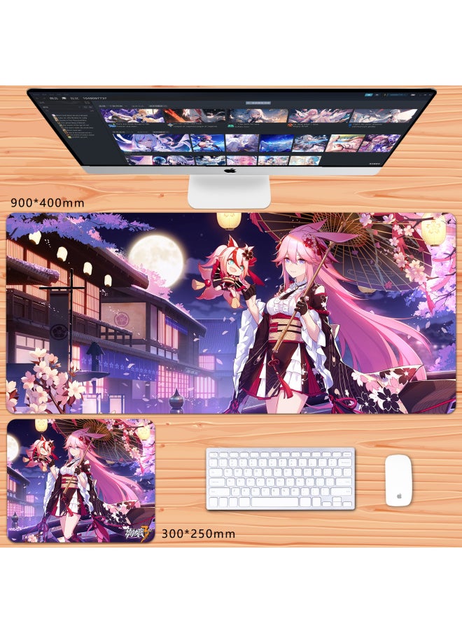 Generic - No Overlock Honkai Impact 3 Mouse Pad Extra Large Animation Kiana Dem Lisa Alicia Two-Dimensional Notebook-Color:80x30cm Thickness 3mm-Pattern:Rose Red Eight Cherry Blossoms - Image 1