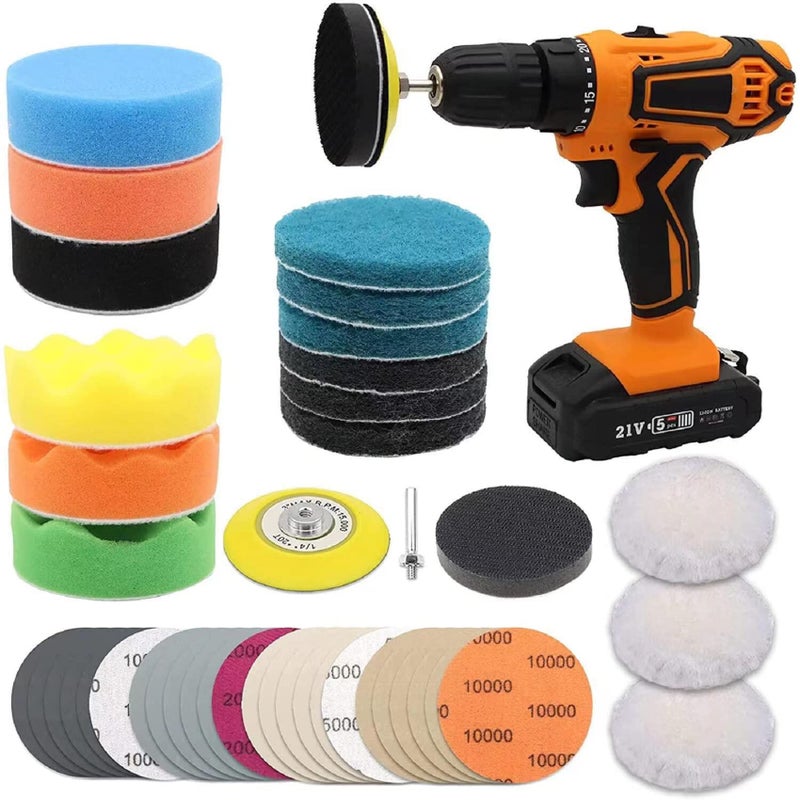 Car Headlight Restoration Kit 3 Inch Car Polishing Sanding Discs with 14 Inch Shank Backing Scouring Pads Buffing Sponge Soft Interface Woolen Buffer 41PCS
