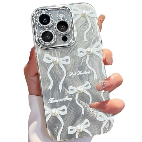 VONZEE Compatible with iPhone 16 Pro Max 6.9'' Case Luxury Pink Girly Cute 3D Bow Pearl Glitter Bling Case with Full Camera Protection Shockproof PC+TPU Glossy Shiny Cover for Girls Women, Silver - Image 1