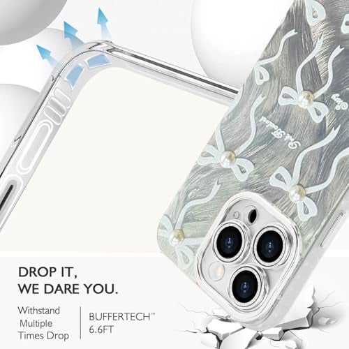 VONZEE Compatible with iPhone 16 Pro Max 6.9'' Case Luxury Pink Girly Cute 3D Bow Pearl Glitter Bling Case with Full Camera Protection Shockproof PC+TPU Glossy Shiny Cover for Girls Women, Silver - Image 3