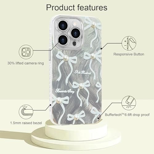 VONZEE Compatible with iPhone 16 Pro Max 6.9'' Case Luxury Pink Girly Cute 3D Bow Pearl Glitter Bling Case with Full Camera Protection Shockproof PC+TPU Glossy Shiny Cover for Girls Women, Silver - Image 4