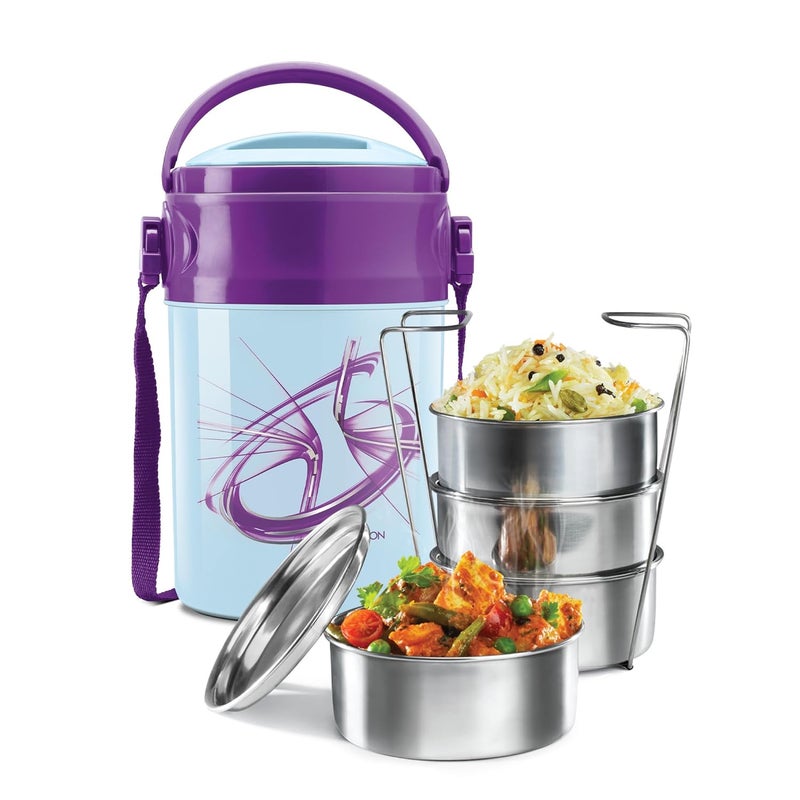 Milton MILTON Odyssey Insulated Tiffin 4 Stainless Steel Containers 380 ml Each and 1 Papad Box 200 ml Blue PU Insulated Food Grade Easy to Carry Hot Cold Office Outdoors Food Grade - Image 1