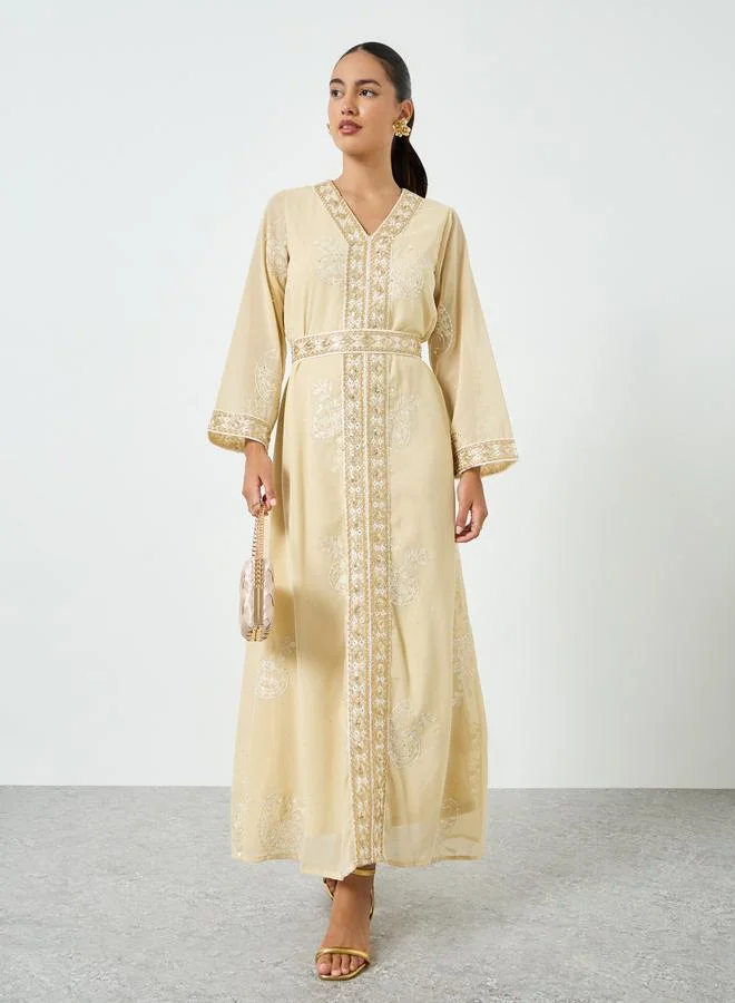 Amirah Yellow Sequin Embroidered Jalabiya with Tie Belt