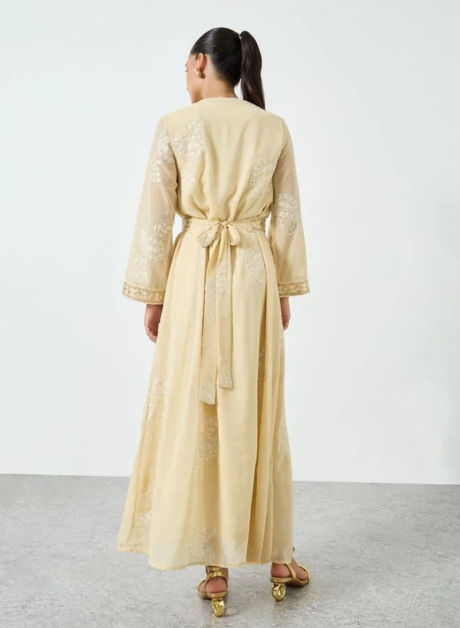Amirah Yellow Sequin Embroidered Jalabiya with Tie Belt