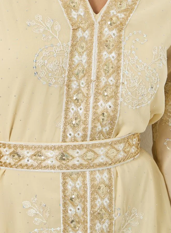 Amirah Yellow Sequin Embroidered Jalabiya with Tie Belt