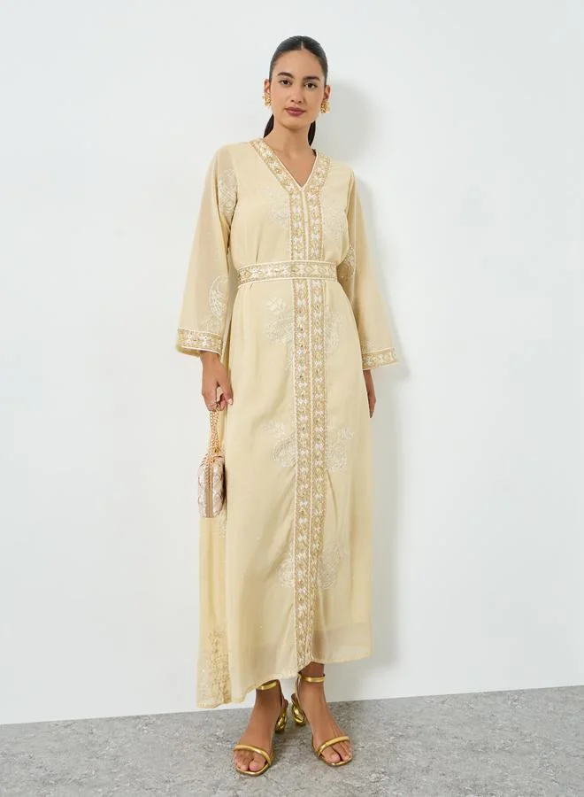 Amirah Yellow Sequin Embroidered Jalabiya with Tie Belt