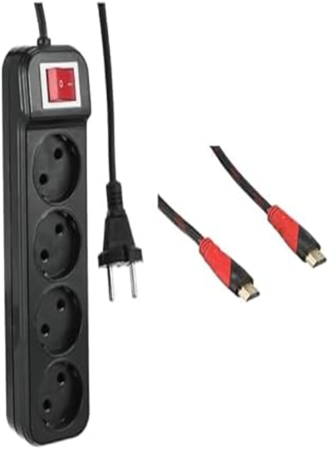 TV Essential Bundle (Zero z20 power strip joint 4 sockets with power button - black, 1.5m + Hdmi cable 5 meter - red and black, USB) 