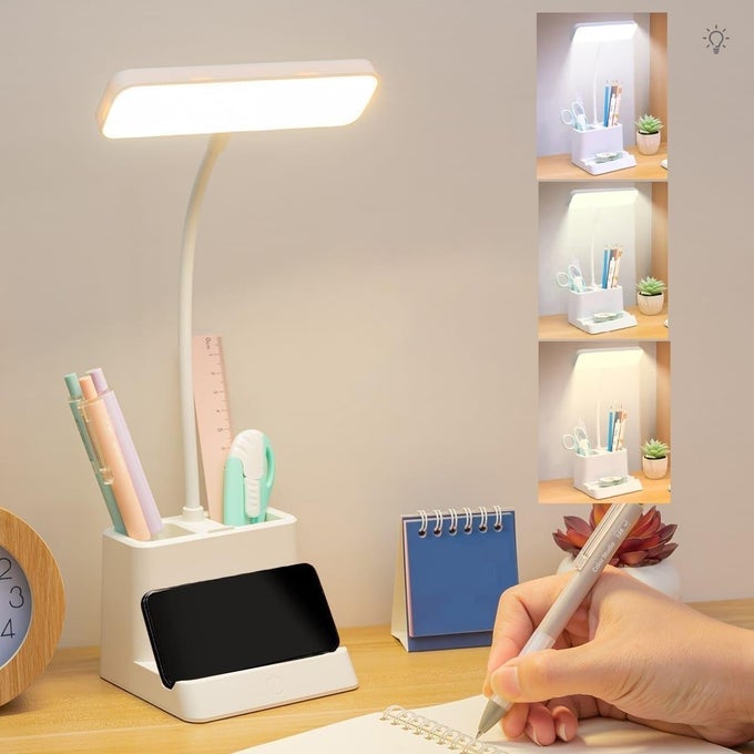 DESK LIGHT LAMP FOR STUDY TABLE LAMP FOR KIDS TEENS WITH PEN PHONE HOLDER MINI GOOSENECK COLLEGE DORM ROOM LIGHTING FOR COMPUTER KEYBOARD DESKTOP TASK
