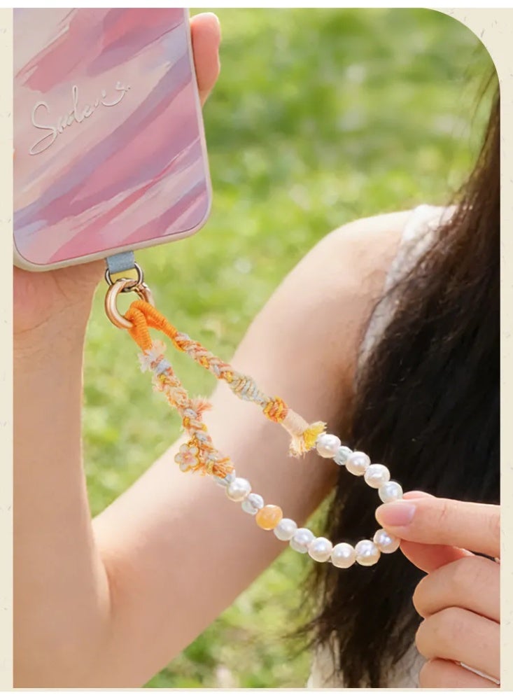 Hand-Woven Phone Wrist Strap with Pearl & Natural Crystal Beads, Elegant Anti-Lost Lanyard for Women - Image 1
