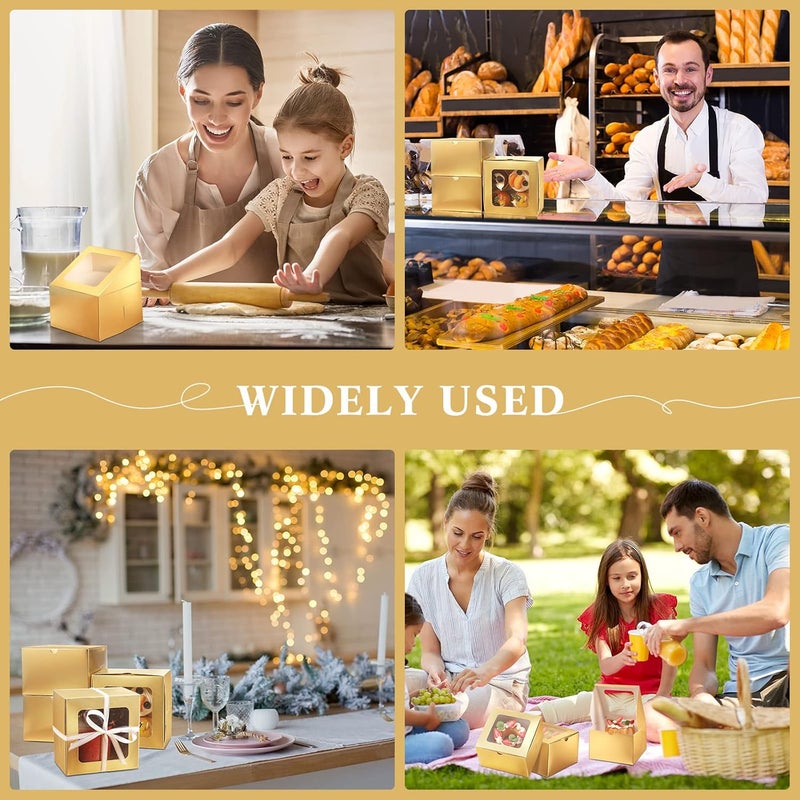 Thenshop 50 قطعة من صناديق المخبز ذات النافذة مقاس 6 × 6 × 4 بوصة، صناديق بسكويت صغيرة، صناديق معجنات، صناديق كيك صغيرة، حاويات بسكويت للكوكيز والمعجنات والكب كيك والحلويات والفطائر والمافن والدونات (ذهبي) - Image 5