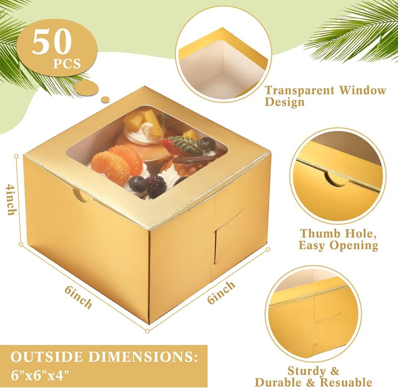 Thenshop 50 قطعة من صناديق المخبز ذات النافذة مقاس 6 × 6 × 4 بوصة، صناديق بسكويت صغيرة، صناديق معجنات، صناديق كيك صغيرة، حاويات بسكويت للكوكيز والمعجنات والكب كيك والحلويات والفطائر والمافن والدونات (ذهبي) - Image 2