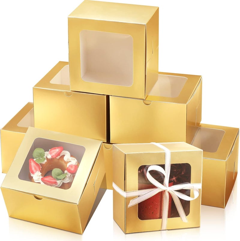 Thenshop 50 قطعة من صناديق المخبز ذات النافذة مقاس 6 × 6 × 4 بوصة، صناديق بسكويت صغيرة، صناديق معجنات، صناديق كيك صغيرة، حاويات بسكويت للكوكيز والمعجنات والكب كيك والحلويات والفطائر والمافن والدونات (ذهبي) - Image 1