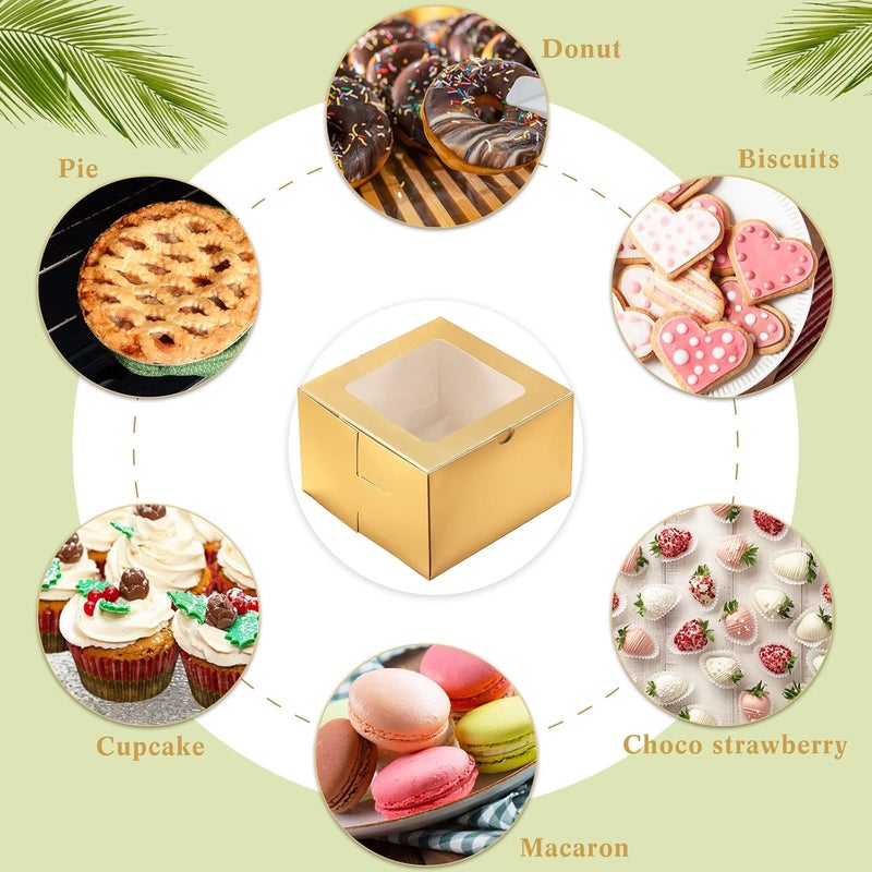 Thenshop 50 قطعة من صناديق المخبز ذات النافذة مقاس 6 × 6 × 4 بوصة، صناديق بسكويت صغيرة، صناديق معجنات، صناديق كيك صغيرة، حاويات بسكويت للكوكيز والمعجنات والكب كيك والحلويات والفطائر والمافن والدونات (ذهبي) - Image 3