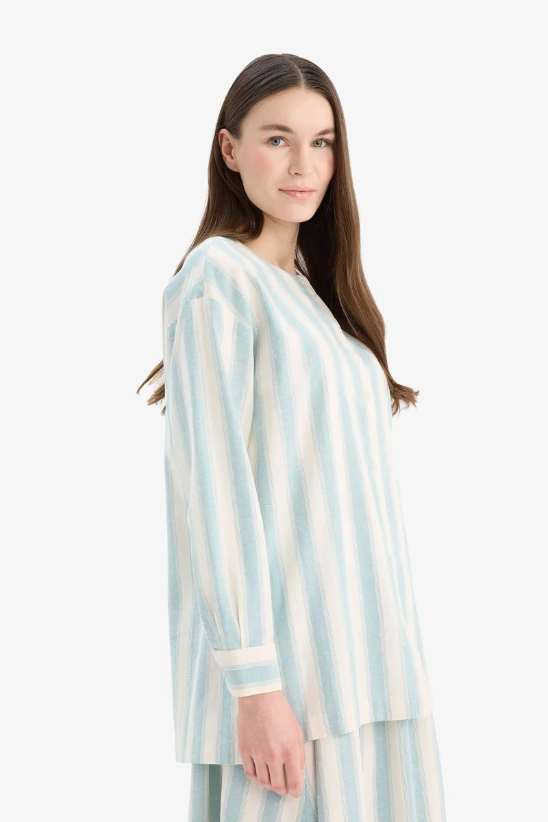ديفاكتو Relax Fit Striped Linen Long Sleeve Shirt