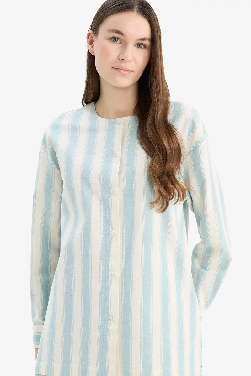 ديفاكتو Relax Fit Striped Linen Long Sleeve Shirt