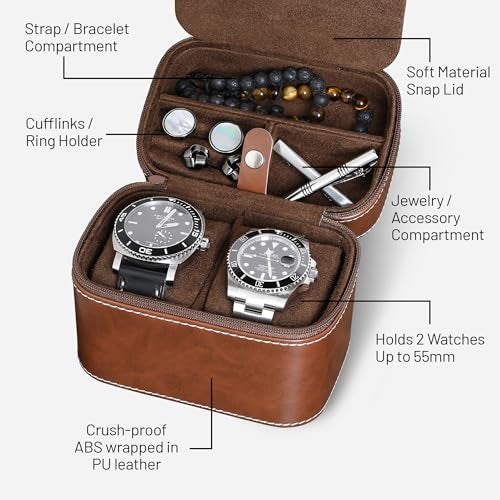 ROTHWELL 2 Watch Travel Case Storage Organizer for 2 Watches | Tough Portable Protection w/Zipper Fits All Wristwatches & Smart Watches Up to 50mm - Image 3