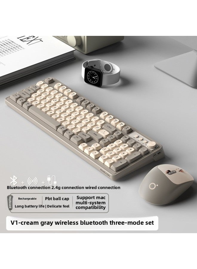 V1 Wireless Keyboard And Mouse Suit Mute Mechanical Feel Girls Computer Office Games Bluetooth Keyboard And Mouse-Color:Mechanical Feel-v1-cream Gray White Light Three-mode Set 【bluetooth 5.0+2.4g W - Image 1