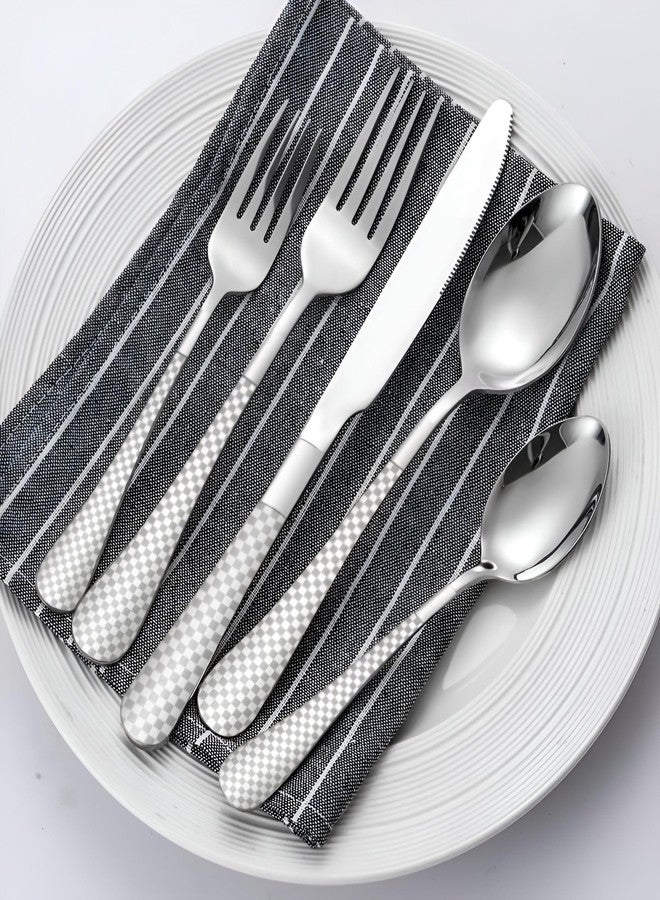 Amillee Sterling Silverware Set | Satin Finish 5-Piece Flatware Set with Unique Checks Printed Handle, Forks and Spoon | Dishwasher Safe Stainless Steel Cutlery for Home (Silver, Set of 5) - Image 3