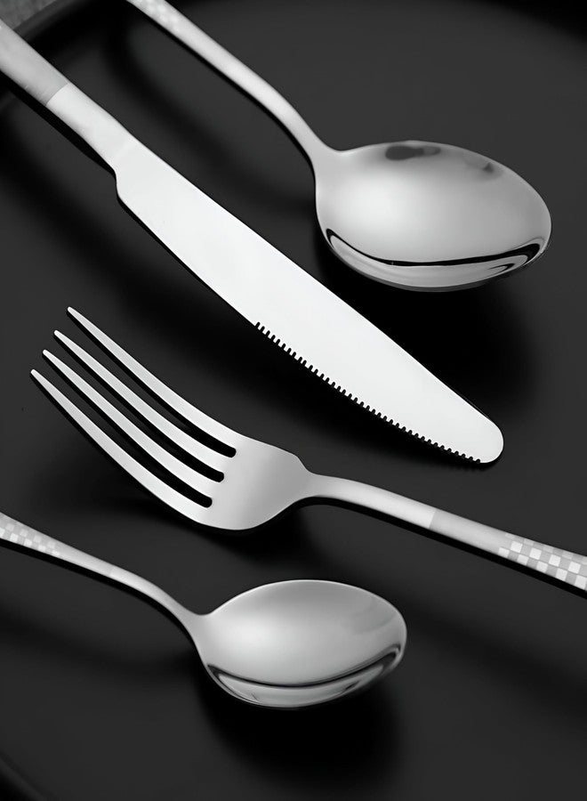 Amillee Sterling Silverware Set | Satin Finish 5-Piece Flatware Set with Unique Checks Printed Handle, Forks and Spoon | Dishwasher Safe Stainless Steel Cutlery for Home (Silver, Set of 5) - Image 5