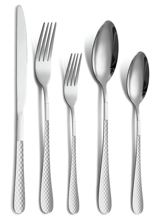 Amillee Sterling Silverware Set | Satin Finish 5-Piece Flatware Set with Unique Checks Printed Handle, Forks and Spoon | Dishwasher Safe Stainless Steel Cutlery for Home (Silver, Set of 5) - Image 1