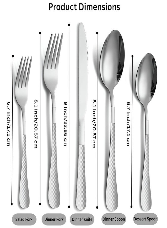 Amillee Sterling Silverware Set | Satin Finish 5-Piece Flatware Set with Unique Checks Printed Handle, Forks and Spoon | Dishwasher Safe Stainless Steel Cutlery for Home (Silver, Set of 5) - Image 2