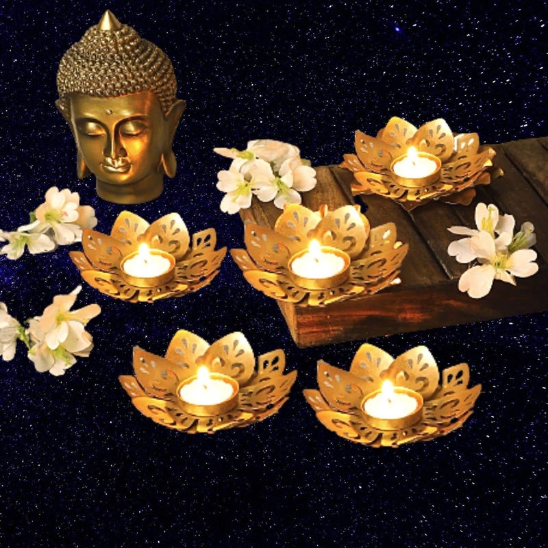 Dream Deco 5 pcs Lotus Tea Light Candle Holder Diwali Lighting Decoration Deepak Rangoli Diya Gold 5 with Candles