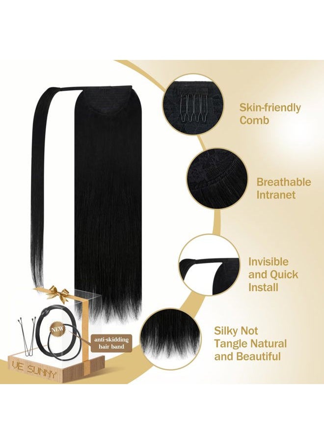 Ve Sunny Clip in Ponytail Hair Extensions Jet Black Human Hair Ponytail Extension Black Ponytail Hair Extensions Wrap around Ponytail Human Comfortable Wear Hair Ponytail Extension 80g 20inch  - Image 3