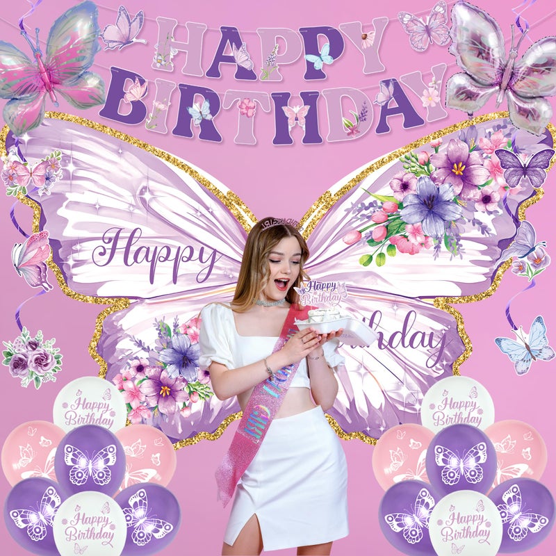 Roetyce Butterfly Birthday Decorations, Purple Happy Birthday Banner Backdrop Balloons Hanging Swirls Cake Topper for Home Party, Girls Women Butterfly Themed Party Suppiles Photo Background - Image 4