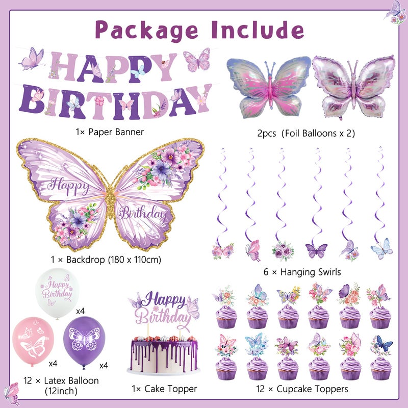 Roetyce Butterfly Birthday Decorations, Purple Happy Birthday Banner Backdrop Balloons Hanging Swirls Cake Topper for Home Party, Girls Women Butterfly Themed Party Suppiles Photo Background - Image 2