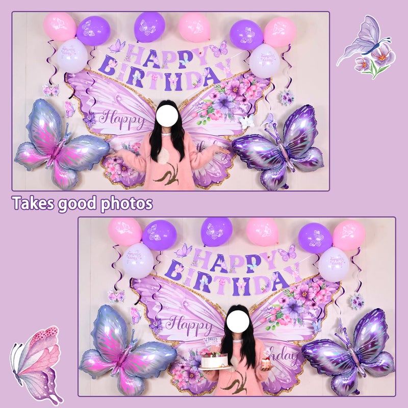 Roetyce Butterfly Birthday Decorations, Purple Happy Birthday Banner Backdrop Balloons Hanging Swirls Cake Topper for Home Party, Girls Women Butterfly Themed Party Suppiles Photo Background - Image 3