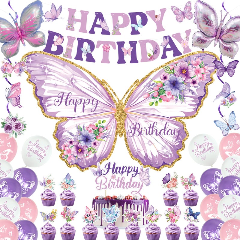 Roetyce Butterfly Birthday Decorations, Purple Happy Birthday Banner Backdrop Balloons Hanging Swirls Cake Topper for Home Party, Girls Women Butterfly Themed Party Suppiles Photo Background - Image 1