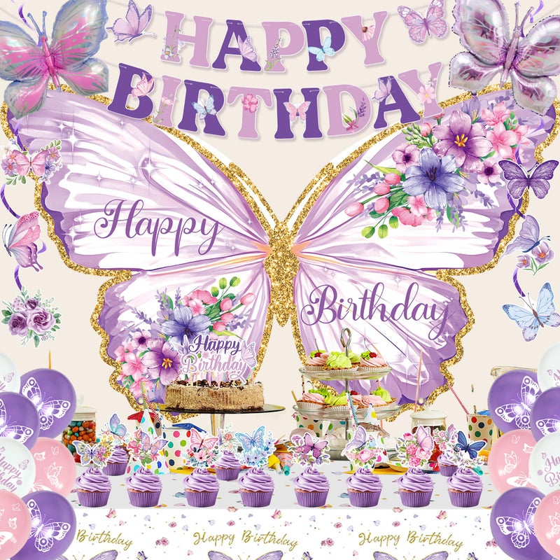 Roetyce Butterfly Birthday Decorations, Purple Happy Birthday Banner Backdrop Balloons Hanging Swirls Cake Topper for Home Party, Girls Women Butterfly Themed Party Suppiles Photo Background - Image 5