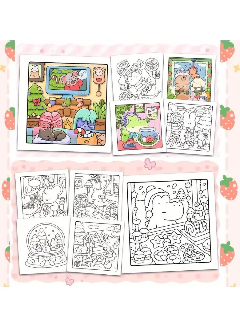 كتاب تلوين الحيوانات اللطيفة والمريحة للكبار والمراهقين – 24 صفحة من الشخصيات الحيوانية الظريفة، ومشاهد المخبز الدافئة المستوحاة من الهيغ، ولحظات صداقة مريحة | تلوين علاجي لتخفيف التوتر والتعبير الإبداعي | ورق عالي الجودة بألوان مختلطة | هدية مثالية للأعياد وأعياد الميلاد - Image 3