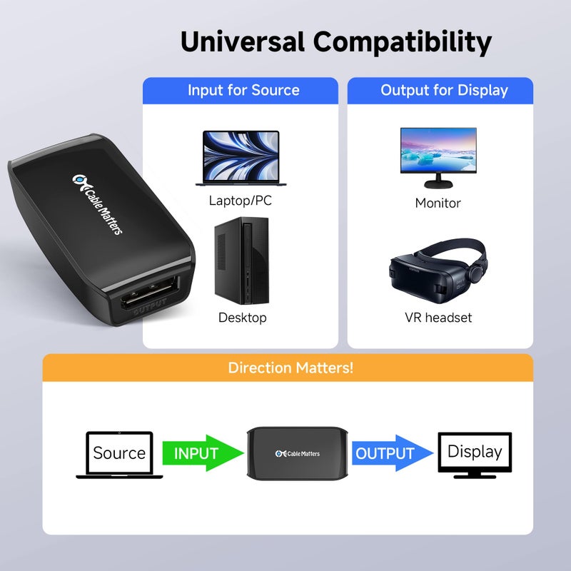 Cable Matters Active DisplayPort Repeater, Support 4K@240Hz up to 32ft, 4K@60Hz up to 80ft, (DP 1.4 Repeater, DisplayPort Signal Booster, DP Amplifier) for VR Headset, Gaming Monitor - Image 4