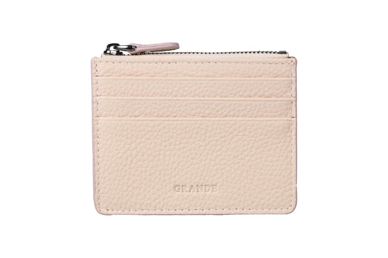 grande 3603 Genuine Leather Card Holder For Women and Men Slim Minimalist Small Zipper Wallet LIGHT PINK - Image 2