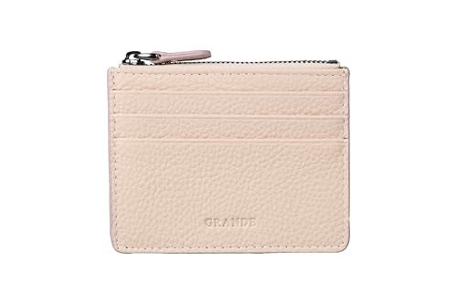 grande 3603 Genuine Leather Card Holder For Women and Men Slim Minimalist Small Zipper Wallet LIGHT PINK - Image 1